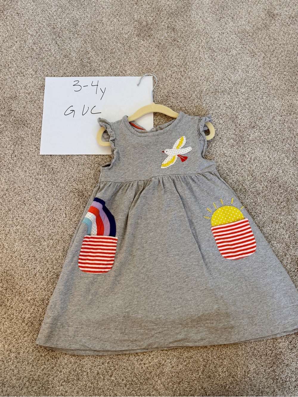 Mini Boden Grey Dress with Rainbow, Sun & Bird Appliqués